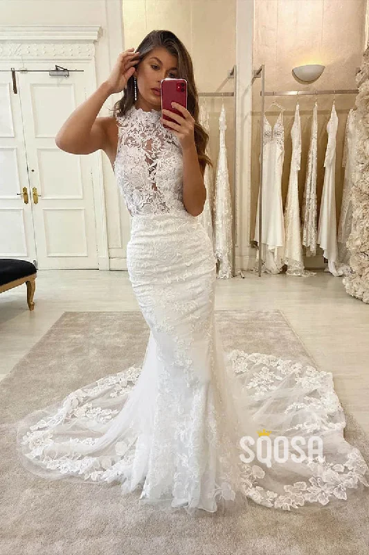 Friends and Family Sale floral dressMermaid Wedding Dress Chic High Neck Lace Wedding Gowns with Court Train QW0948