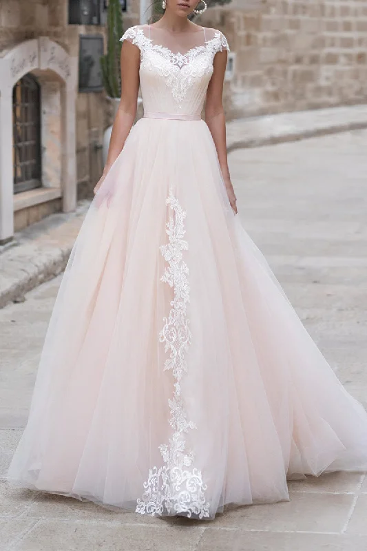 Unmissable Offer fitted bodycon dressA Line Hall Casual Wedding Dress Illusion Cap Sleeves Rustic Wedding Dress Bridal Gown QW2269