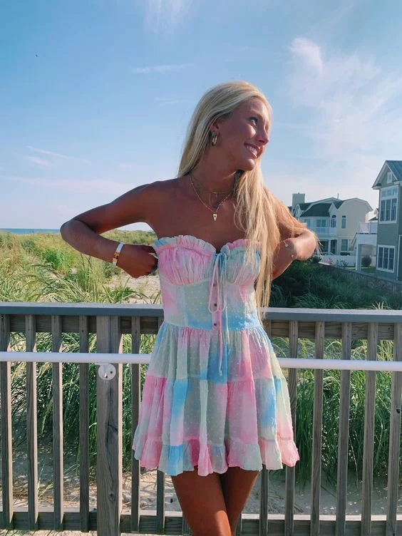 Clearance Items trendy dressLovely Strapless A-line Homecoming Dress Rainbow Dress Y2794