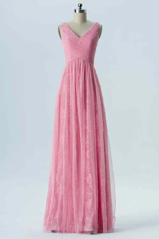 Discount Deals evening dressCandy Pink A-line Tulle Pleated Prints Long Bridesmaid Dress