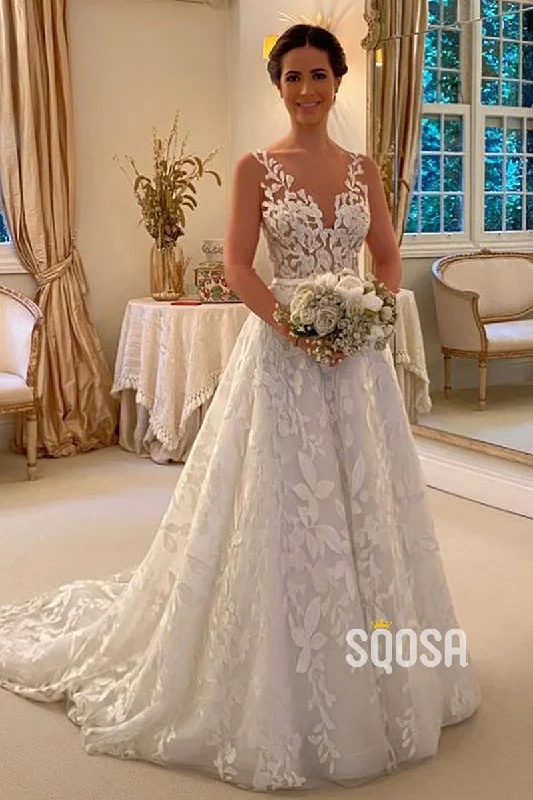 Buy Now bohemian dressIllusion Neckline Lace Wedding Dress A-line Bridal Gown QW2455