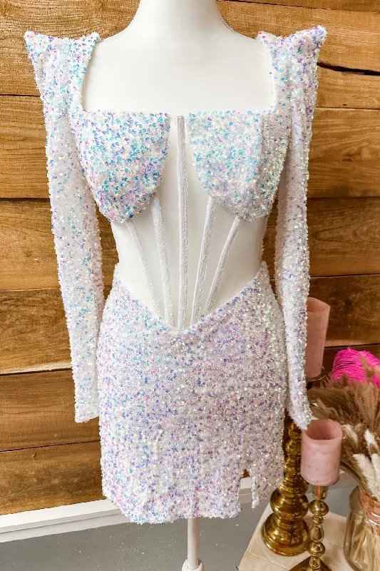 The Best Prices casual summer dressIridescent White Sequins Long Sleeves Square Neck Homecoming Dress Y2677
