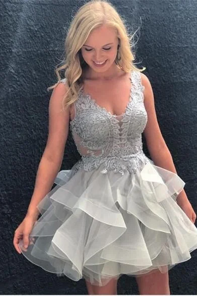 Exclusive Savings vintage dressA-Line Scoop Laci Backless Appliques Gray Homecoming Dresses
