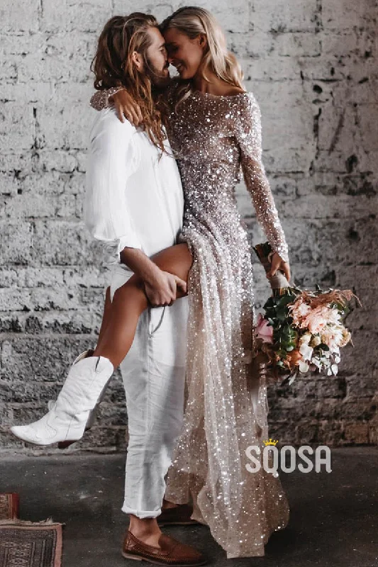 Bargain Bin elegant dressUnique Scoop Shiny Sequins Long Sleeves Bohemian Wedding Dress QW2540