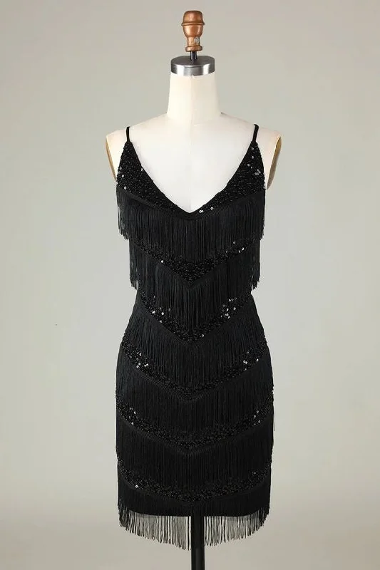 Huge Discounts trendy bodycon dressSparkly Black Sequins Beaded Tight Short Homecoming Dress with Fringes
