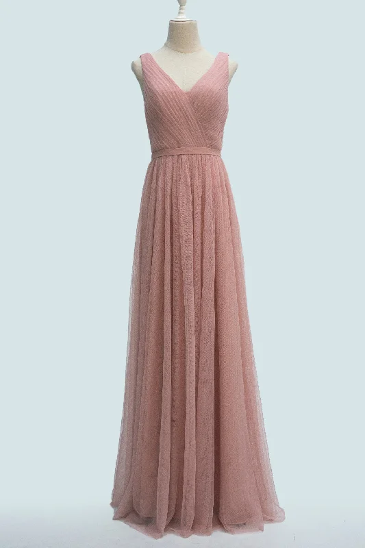 Don't Wait casual evening dressBlushing Pink A-line V-Neckline Pleated Long Bridesmaid Dress