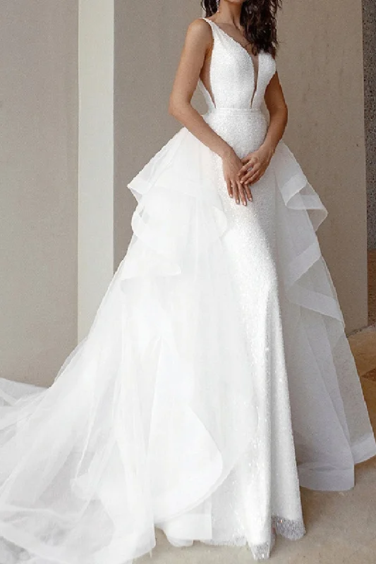Massive Deals casual shift dressEngagement Sparkle & Shine Formal Wedding Dresses Court Train Sleeveless V Neck Bridal Gown QW2379