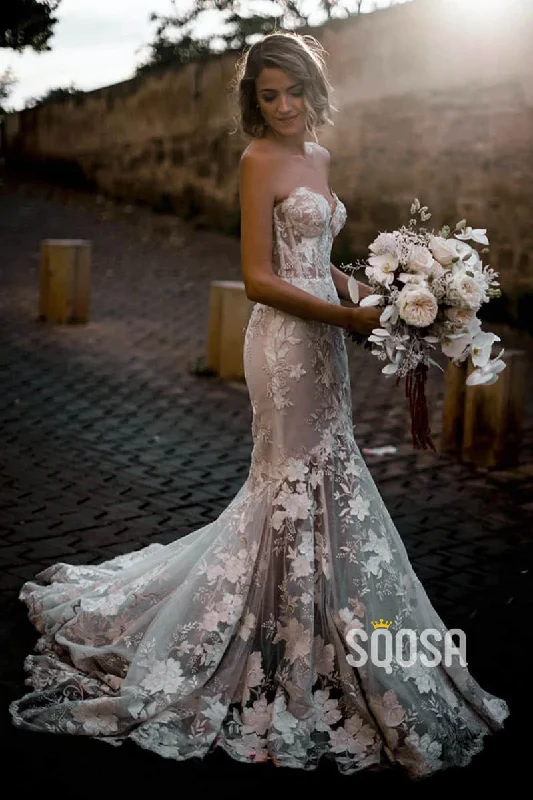 Year-End Sale silk dressMermaid/Trumpet Wedding Dress V-Neck 3D Lace Wedding Gown QW2435