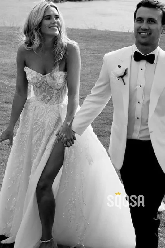Great Bargains party dressA-line Sweetheart Luxury Beaded Lace High Split Bohemian Wedding Dress QW2318