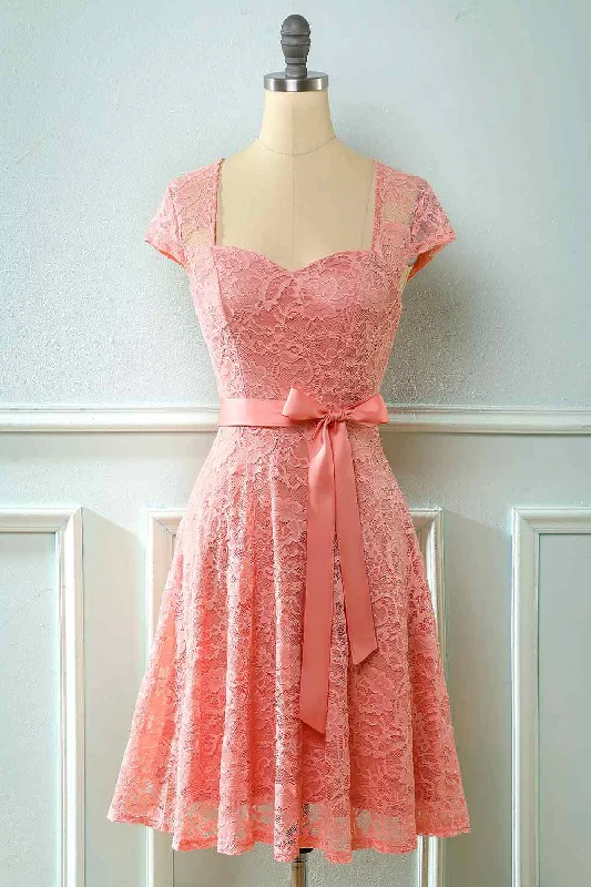 Deal Dash sleeveless dressA-line Cap Sleeves Lace Sash Mini Bridesmaid Dress