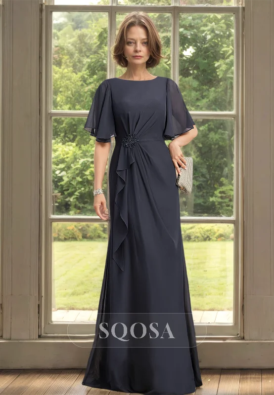New Arrival ruched dressHalf-Sleeveles Scoop-Neck Fitted Mother of the Bride Dress Pleated Beaded Chiffon Cocktail Dress