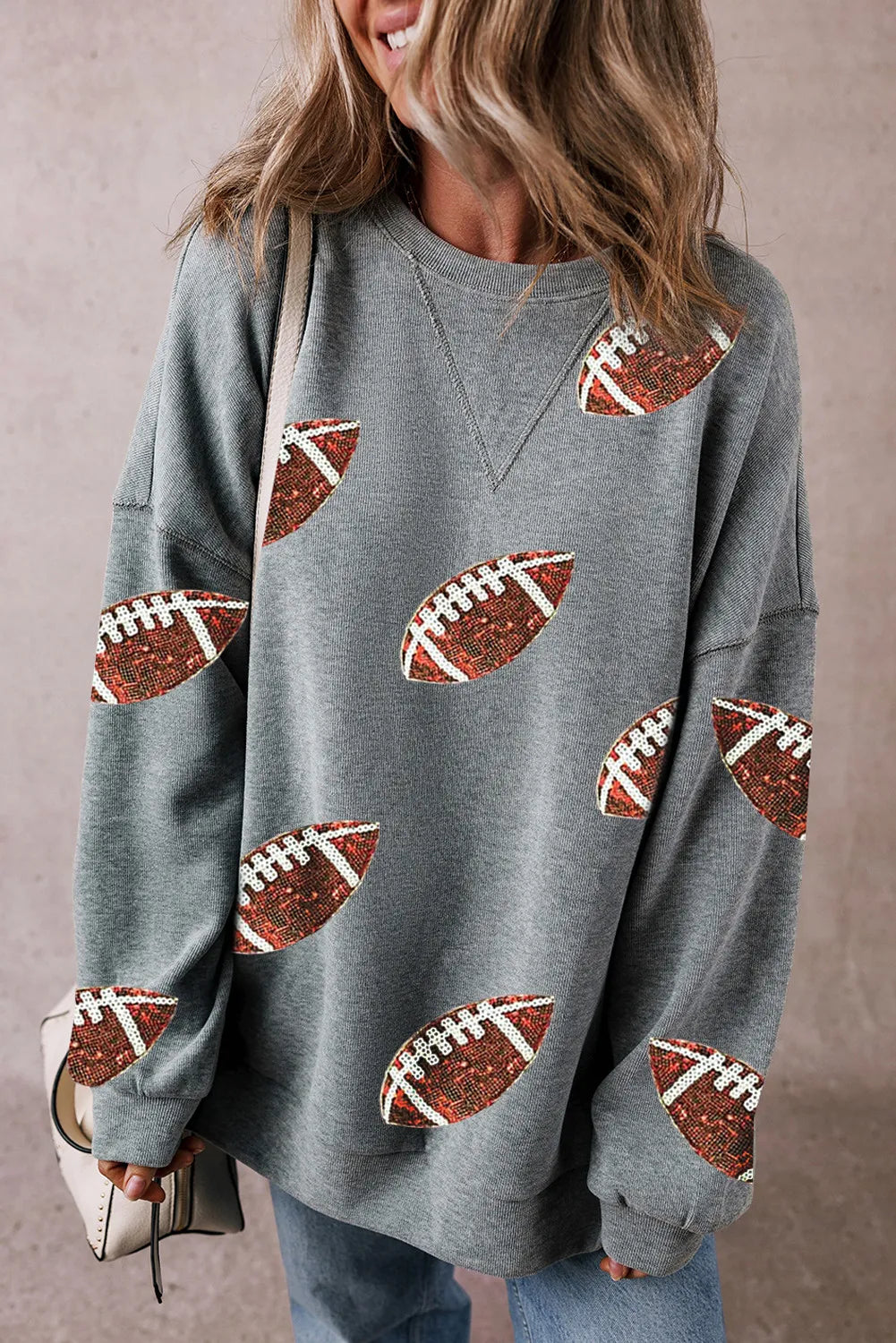 Final Clearance warm workout hoodieSequin Football Round Neck Long Sleeve Sweatshirt