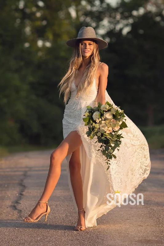 Limited Stock summer dressA-line V-neck High Split Lace Bohemian Wedding Dress QW2696