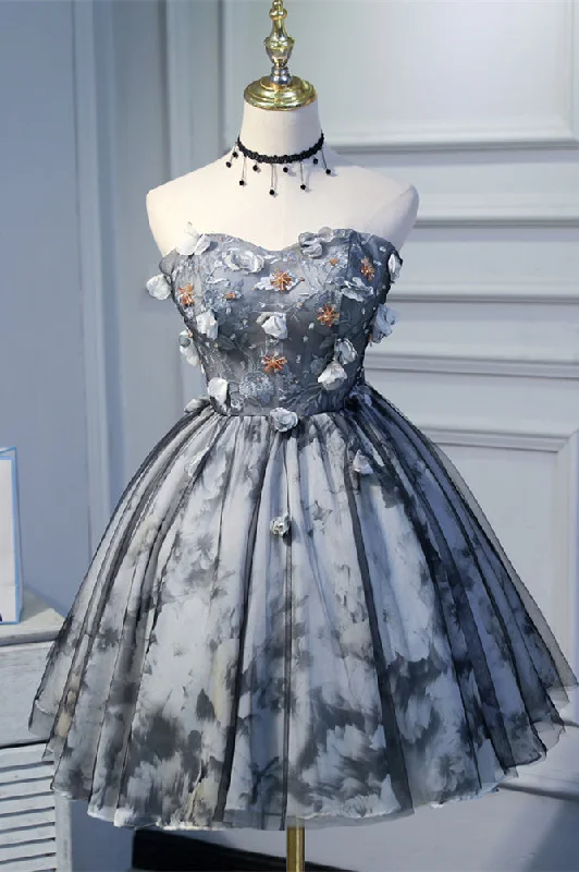 Special Buy casual evening dressGrey Strapless Embroidery Flowers Prints Tulle Homecoming Dress
