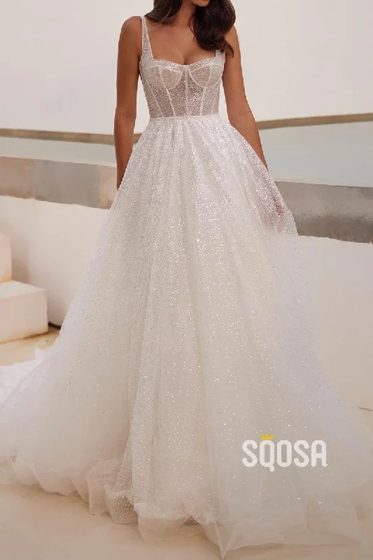 YEAR-End Clearance wrap-around dressGlitter A-Line Sweetheart Spaghetti Straps Illusion Wedding Dress QW8181