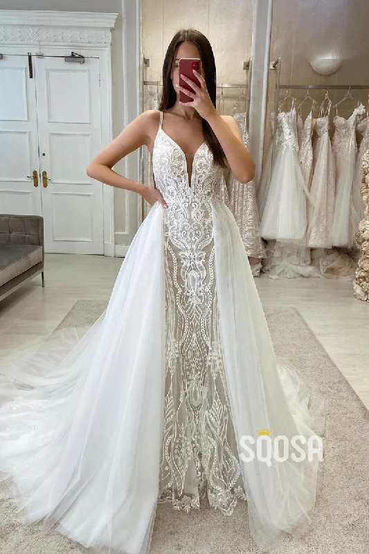 Fantastic Offers party-ready dressTrumpet V-Neck Spaghetti Straps Detachable Tulle Train Lace Applique Wedding Dress QW8103 Fantastic Offers party-ready dressTrumpet V-Neck Spaghetti Straps Detachable Tulle Train Lace Applique Wedding Dress QW8103