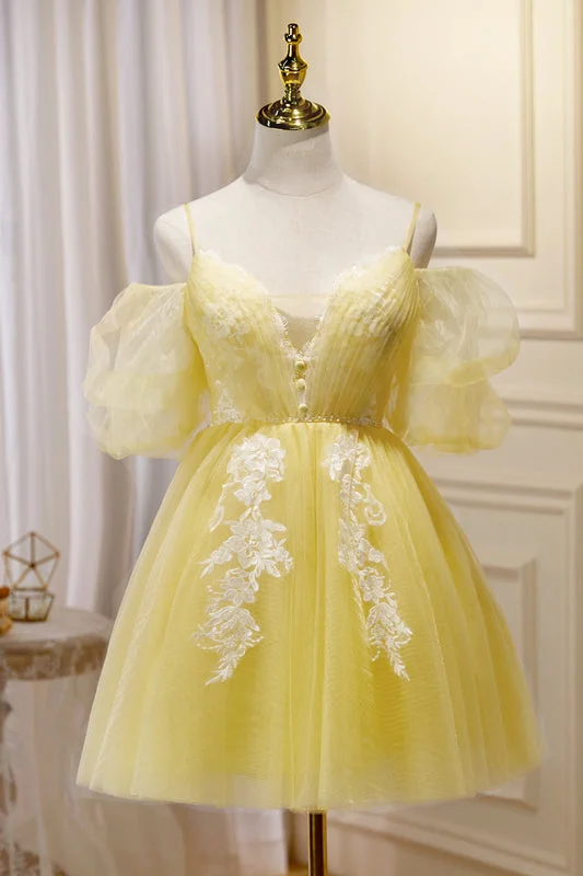 Super Sale party-ready dressYellow Plunging Puff Off-the-Shoulder Appliques Homecoming Dress Super Sale party-ready dressYellow Plunging Puff Off-the-Shoulder Appliques Homecoming Dress