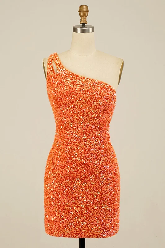 Midnight Madness trendy mini dressOrange Sequins One Shoulder Sheath Homecoming Dress