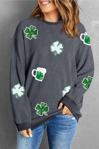 Value Deals comfy workout sweatshirtLucky Clover Beer Sequin Round Neck Sweatshirt