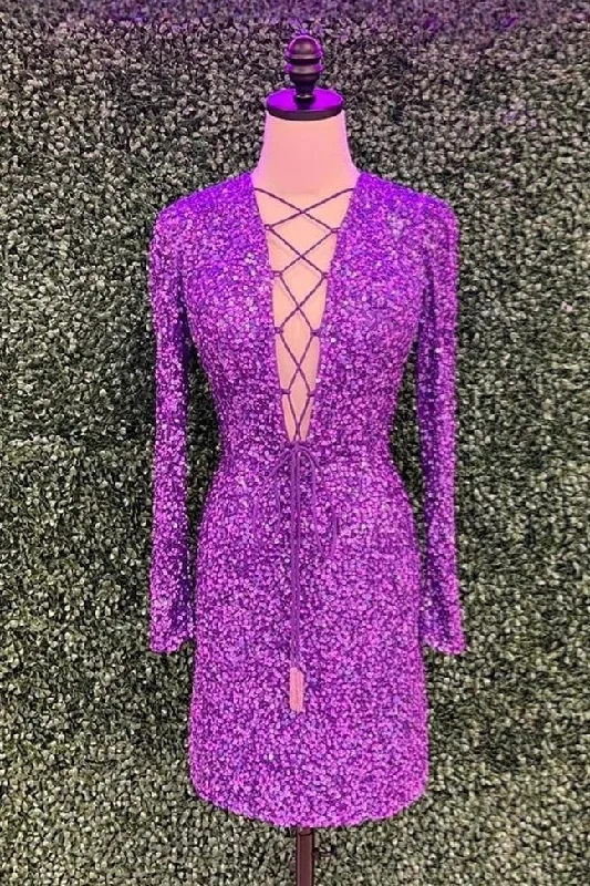 Special Discount flowy maxi dressGrape Sequins Long Sleeves Sheath Plunging V Lace-Up Homecoming Dress