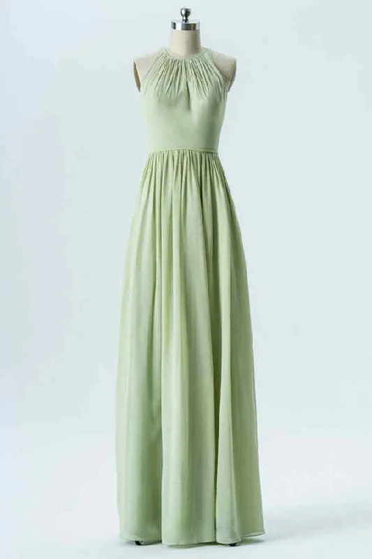 Value Deals trendy bodycon dressAgave A-line Halter Pleated Chiffon Long Bridesmaid Dress