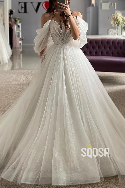 Huge Discounts casual midi dressA-Line Off-Shoulder Appliques Glitter Sheer Tulle Wedding Dress  QW8174