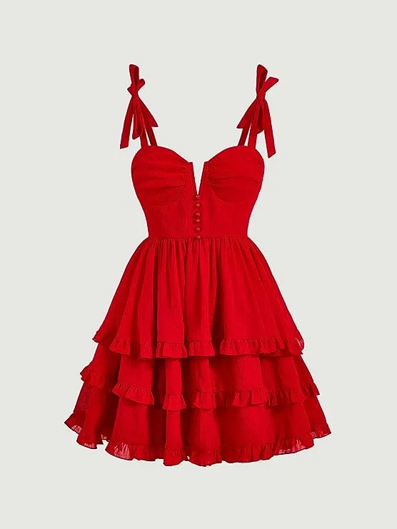 Year-End Sale midi dressRed A-line Tie Shoulder Ruffle Hem Homecoming Dress  Y2720