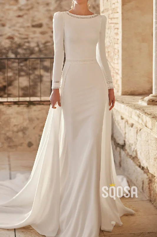 Savings Galore sleeveless dressElegant Satin Fitted Scoop Long Sleeve Beaded With Train Wedding Dress QW8196