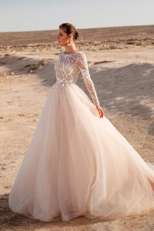 Discount Deals sophisticated dressA Line Illusion Neckline Lace Long Sleeves Boho Beach Wedding Dress QW2122