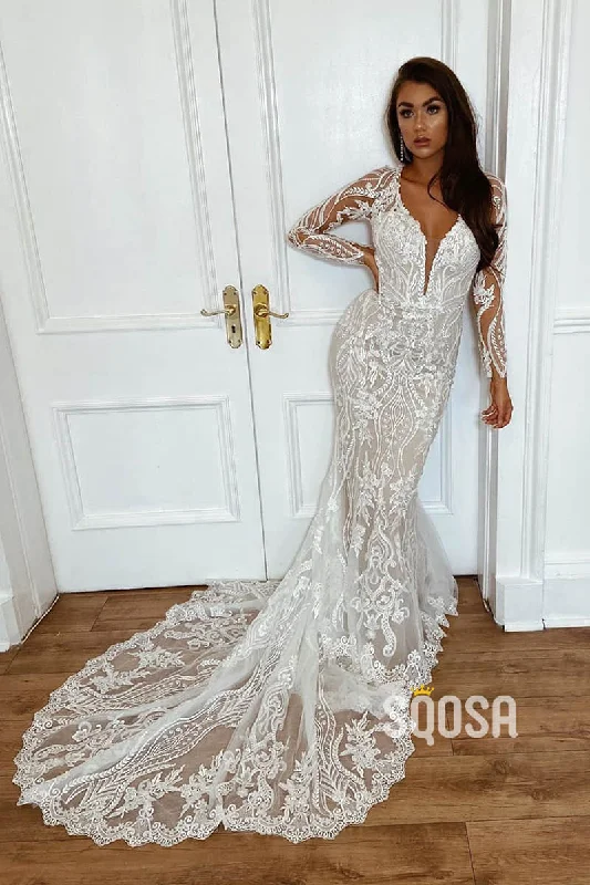 Massive Deals boho dressPlunging V-neck Exquisite Champagne Lace Wedding Dress Long Sleeves Wedding Gown QW2558