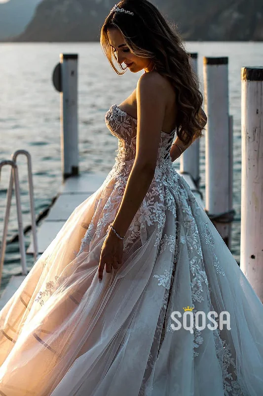 Super Sale flowy dressUnique Sweetheart Exquisite Lace Appliques Country Wedding Dress QW2427