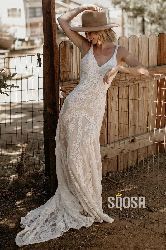 Overstock Sale one-shoulder dressPlunging V-Neck Allover Lace Wedding Dress Bohemian Wedding Gown QW2112