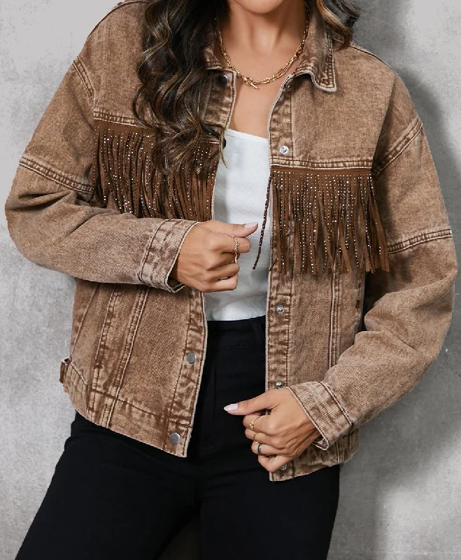 Super Deal winter coatFringe Trim Denim Western Jacket