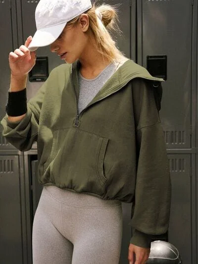 Limited Quantity zip-up gym hoodieHalf Zip Pocketed Dropped Shoulder Hoodie