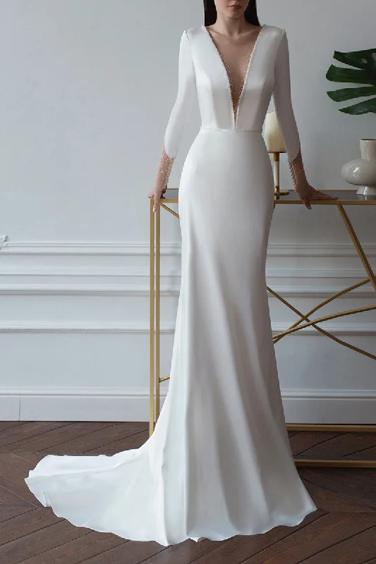 Price Reduction sleeveless dressSheath/Column Illusion Deep V neck Long Sleeve Satin Wedding Dress with Court Train QW2125