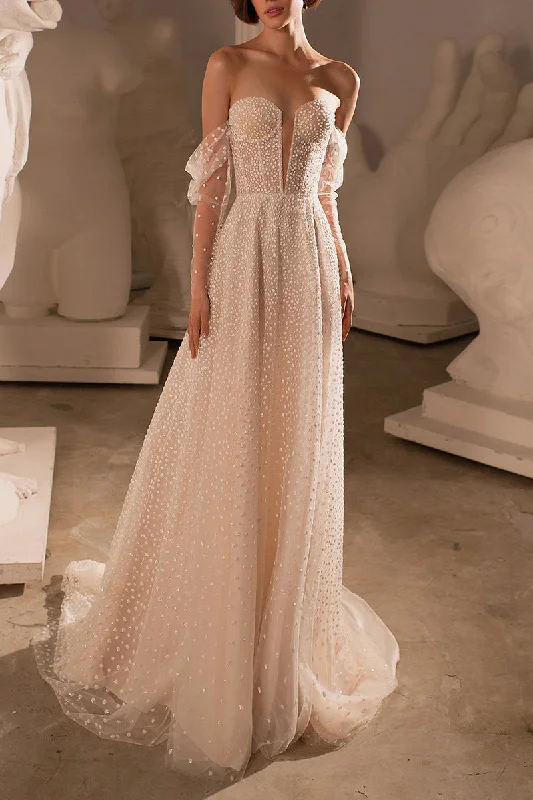 Take Advantage puff sleeve dressA line Attractive Deep V neck Boho Beach Wedding Dress with Court Train QW2164
