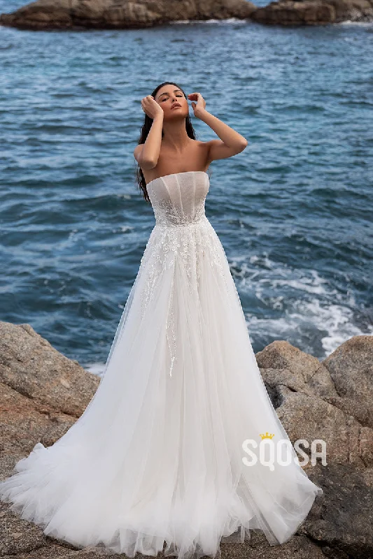 Extra Discounts party dressTulle A-Line Detachable Off-Shoulder Empire Beaded Appliques With Side Slit Beach Wedding Dress QW8125