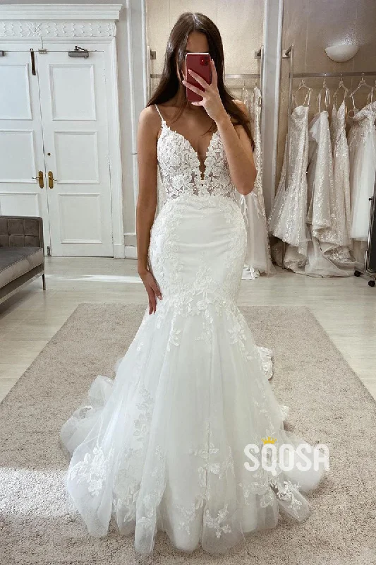Savings Galore stylish dressV-Neck Spaghetti Straps Lace Applique Empire Two Tone Trumpet Wedding Dress QW8116 Savings Galore stylish dressV-Neck Spaghetti Straps Lace Applique Empire Two Tone Trumpet Wedding Dress QW8116