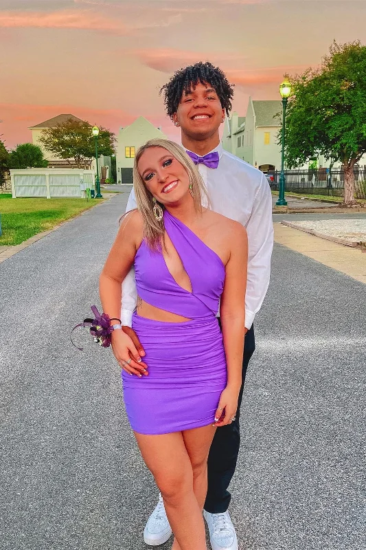 Customer Appreciation Sale textured dressPurple One Shoulder Tight Mini Homecoming Dress Y2814