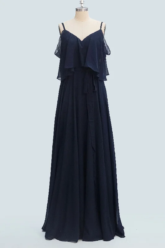 Special Savings layered dressNavy Blue A-line Spaghetti Strap Sash Ruffle Long Bridesmaid Dress