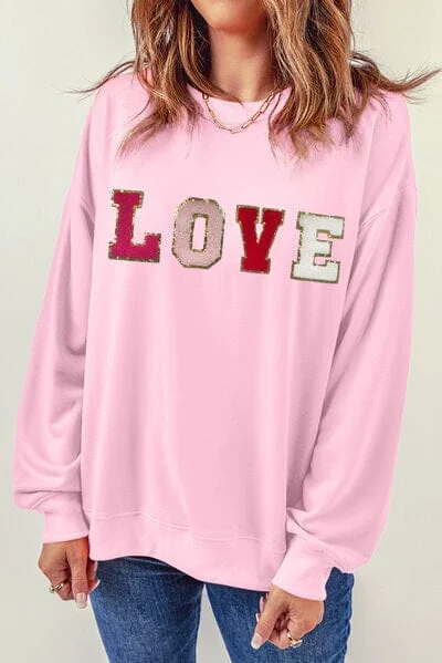 Savings Bonanza cool activewear hoodieLOVE Patch Round Neck Dropped Shoulder Sweatshirt Savings Bonanza cool activewear hoodieLOVE Patch Round Neck Dropped Shoulder Sweatshirt