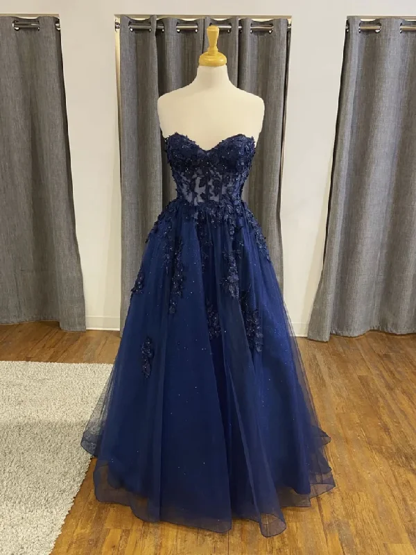 Weekend Special casual evening dressNavy Blue Tulle Sweetheart Long Prom Dress, A-line Tulle Formal Dress Y2674