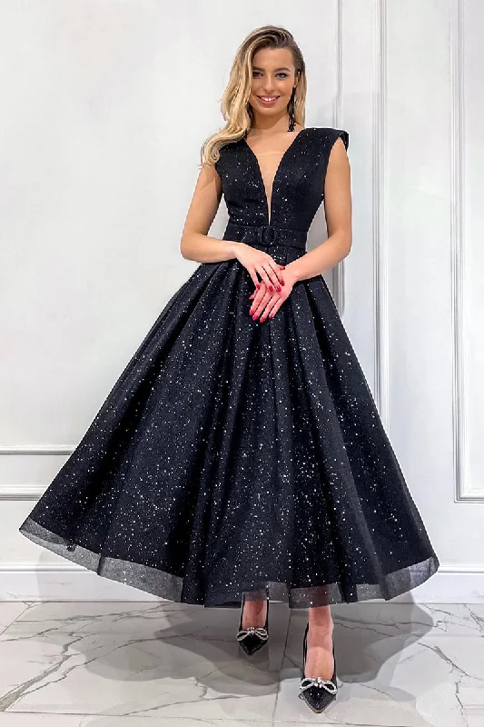 Steals and Deals draped dressAttractive V-Neck Tulle Black Vintage Prom Dress Glitter QP0838