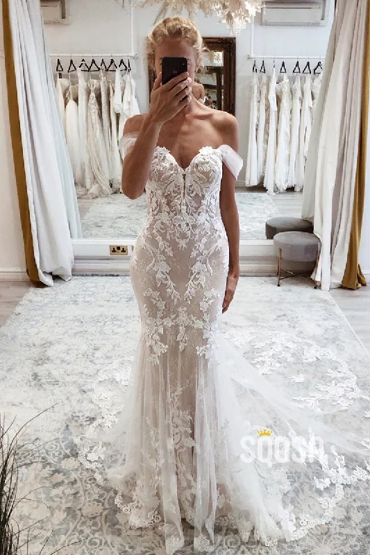 Massive Deals party-ready dressChic Off the Shoulder Lace Appliques Mermaid Wedding Dress QW2529