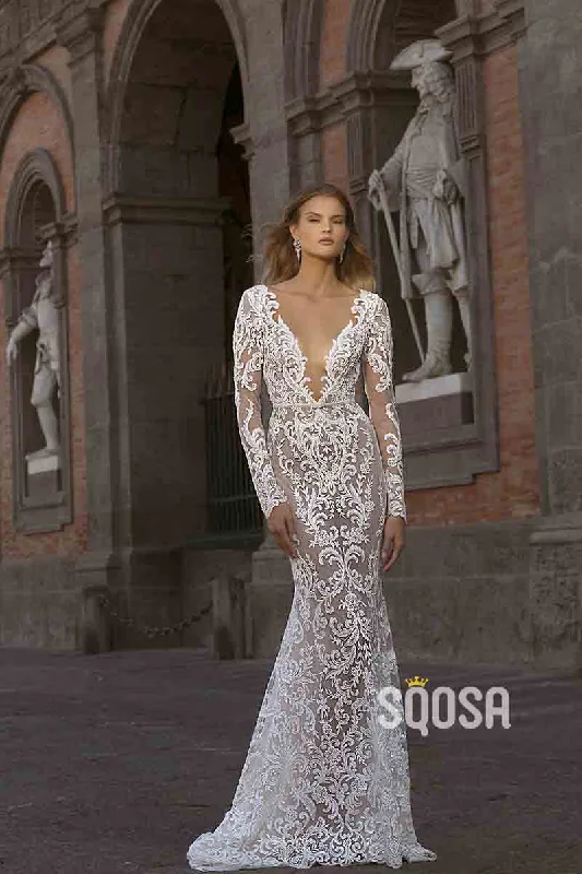 Act Fast satin dressIllusion Deep V neck Long Sleeves Romanic Lace Mermaid Wedding Dress QW2456