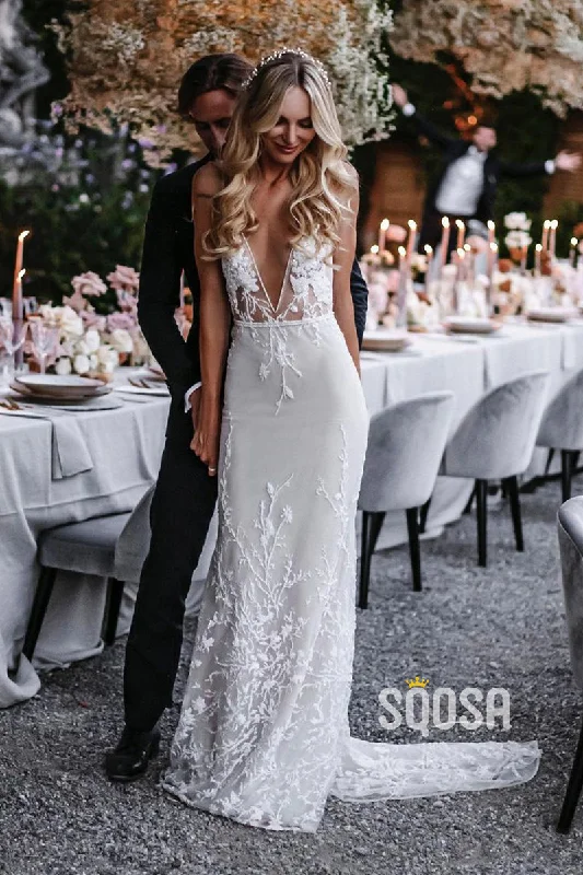 Weekend Flash Sale fitted dressAttractive Deep V-Neck Lace Appliques Sheath Bohemian Wedding Dress QW2359