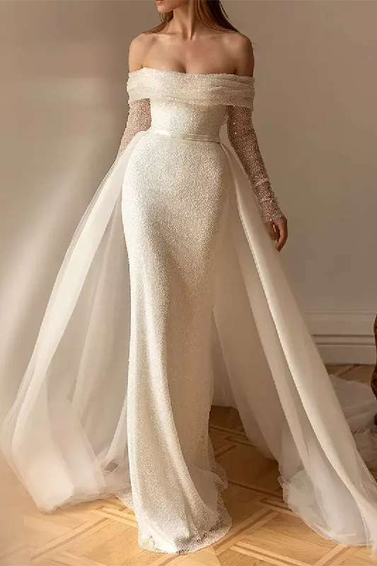 Amazing Deals flowy evening dressSheath/Column Off Shoulder Long Sleeves Rustic Wedding Dress QW2574