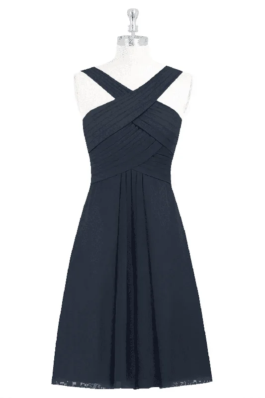 Today Only playful dressDark Navy A-line Crossed V Neckline Chiffon Knee Length Bridesmaid Dress