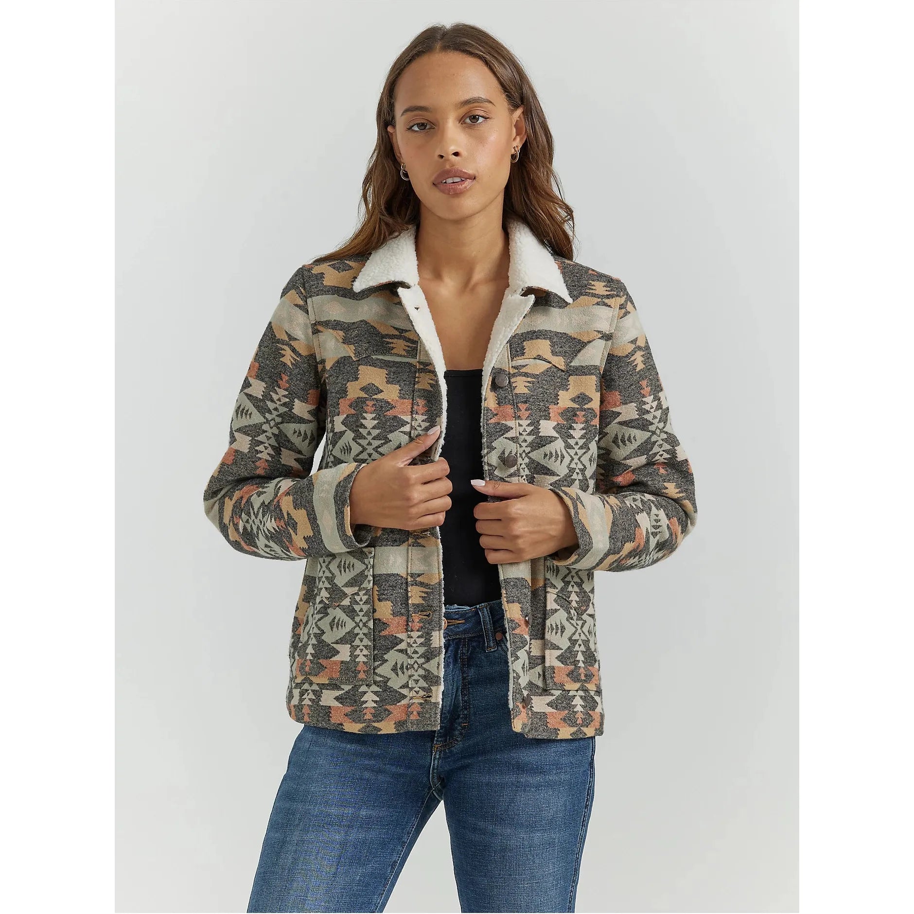 Midnight Sale premium coatWOMEN'S WRANGLER® SHERPA LINED SOUTHWESTERN BARN JACKET IN GRAY GEO Midnight Sale premium coatWOMEN'S WRANGLER® SHERPA LINED SOUTHWESTERN BARN JACKET IN GRAY GEO