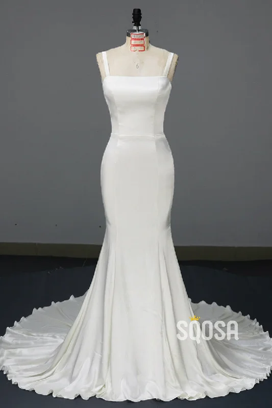 Year-End Sale sleek midi dressDoubel Straps Square Slik Satin Simple Wedding Dress QW2239